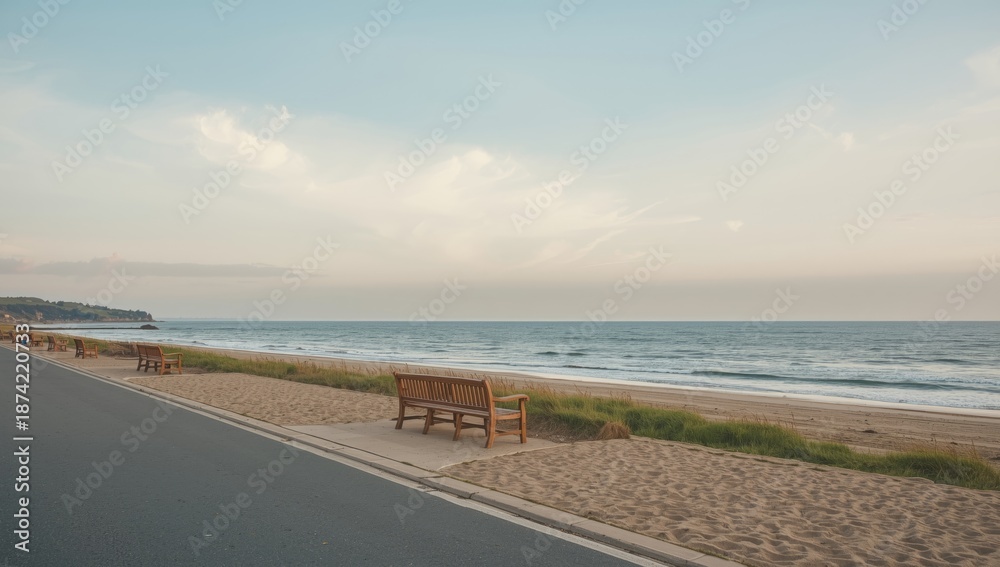 Fototapeta premium Quiet seaside scene featuring benches on the coast, suitable for leisure activities, Earth Day