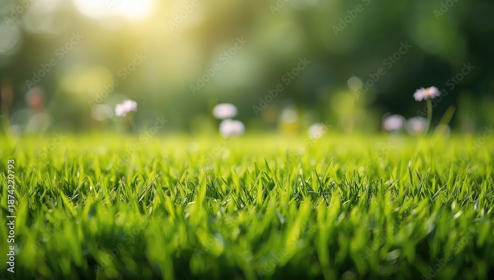 Fototapeta premium Bright green grass backdrop, suitable for editorial headers or layouts, Earth Day