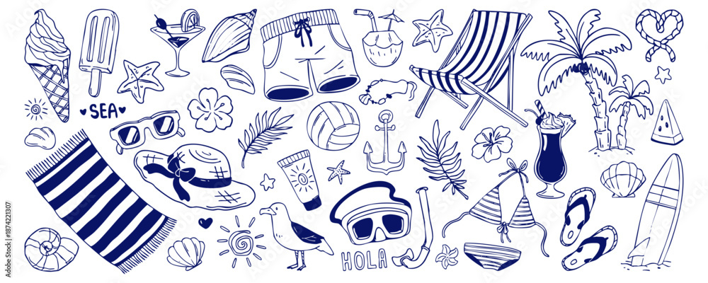 Fototapeta premium Sketch vintage beach summer vector set with palm trees and cocktails, seashells and nautical icons. Hand drawn doodle collection of tropical elements, accessories and coastal vacation symbols.