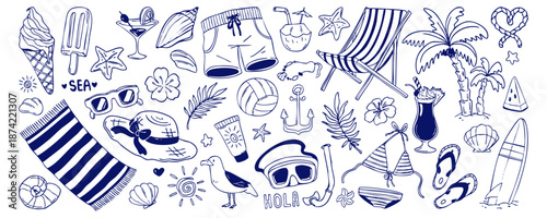 Sketch vintage beach summer vector set with palm trees and cocktails, seashells and nautical icons. Hand drawn doodle collection of tropical elements, accessories and coastal vacation symbols.