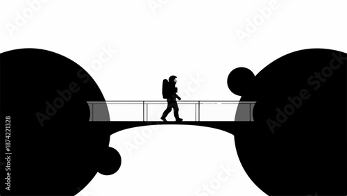 Lone explorer crosses a futuristic bridge between vast abstract shapes, symbolizing journey and discovery.