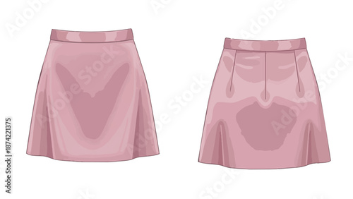 Delicate rose pink skirts front and back views showcasing pleated and smooth designs for fashion illustration