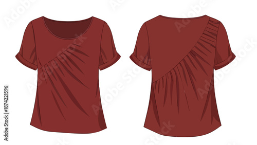 Elegant maroon short-sleeved top with unique ruched detailing on the front and back offering a stylish silhouette