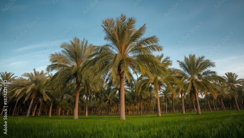 Obraz premium Scenic palm grove under early sunlight, suitable for outdoor environment layouts