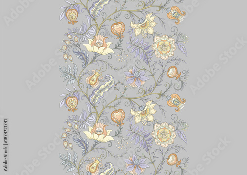 Botanical floral seamless ornament. Vintage hand drawn pattern with ornate garden flowers, leaves and intricate decorative swirls for textile wallpaper. Classic elegant motif design.