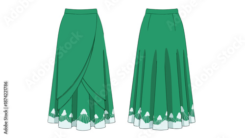 Elegant emerald green maxi skirt with layered wrap front and decorative hem detail