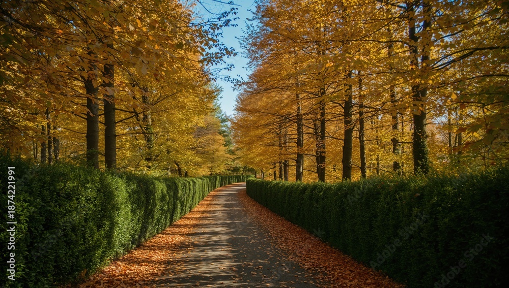 Fototapeta premium Tree-lined alley in autumn with colorful foliage and scattered leaves, suitable for editorial header backgrounds, seasonal change