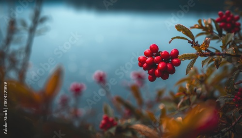 Red rowan berry next to out...