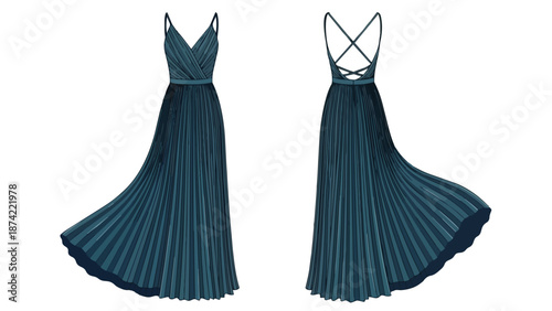 Elegant teal floor-length pleated evening gown showcasing criss-cross back straps and a flowing silhouette for sophisticated occasions