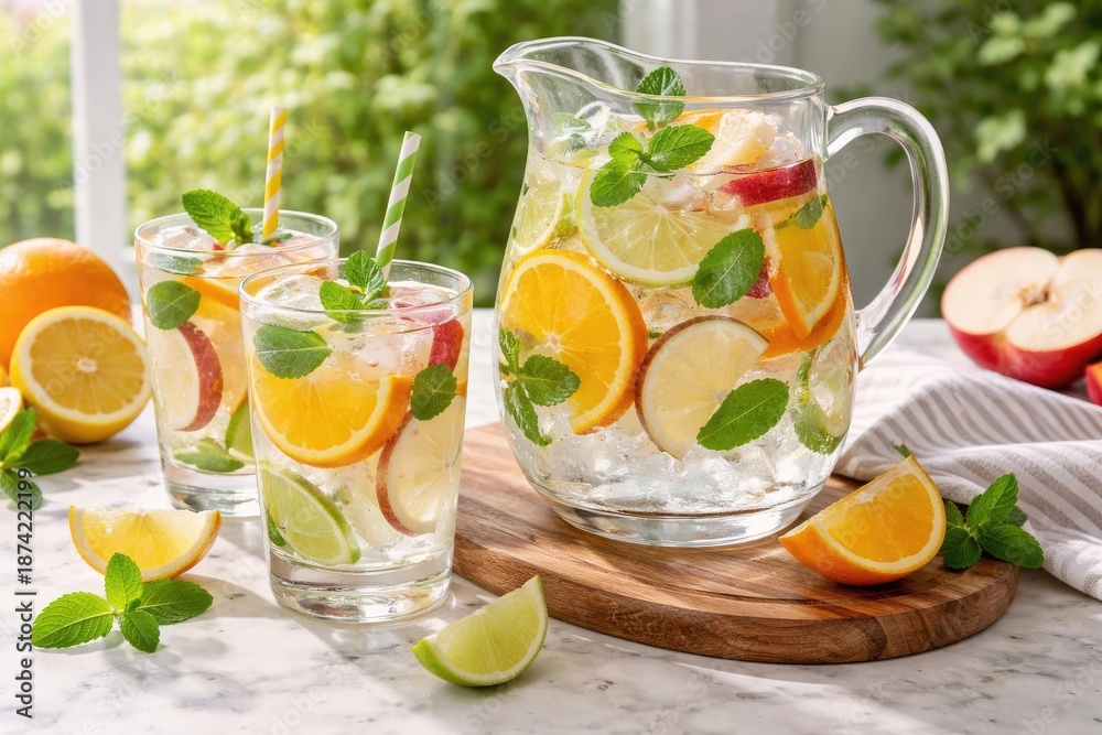 Fototapeta premium Tableware showcasing a pitcher of refreshing citrus and apple infused water