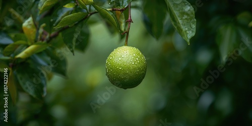 Green orange with rain-soak...