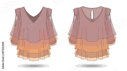 Stylish tiered chiffon blouse with v-neck and sheer sleeves showcasing elegant layered design and soft color palette for fashion apparel