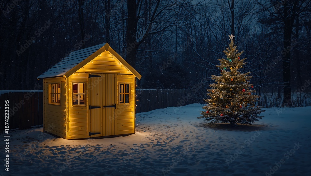 Fototapeta premium Children's wooden yellow play house decorated with Christmas lights in garden setting for winter festivities