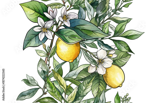 Lemons and tea botanical seamless pattern. Hand-drawn citrus fruit, tea leaves, flowers, and branches in vintage style. Natural, organic motif for textile, wallpaper, food, drink, kitchen projects.