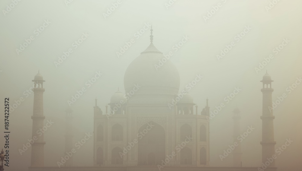 Naklejka premium Overcast morning scene of the Taj Mahal shrouded in smog, illustrating air quality concerns