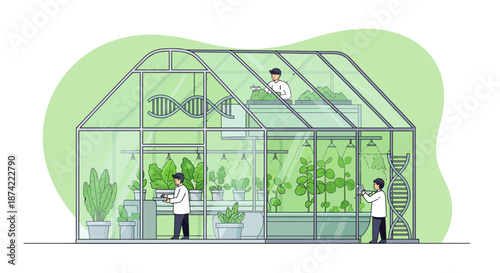 Scientists Working Inside Modern Greenhouse Laboratory.