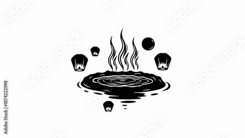 Mysterious hot spring with floating lanterns under a dark sky