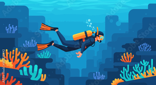 Scuba Diver Exploring Vibrant Coral Reef Underwater.