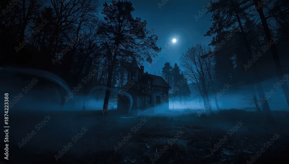 Fototapeta premium Old abandoned cottage surrounded by dark woods under moonlight, creating a spooky setting for horror themes, Halloween observance