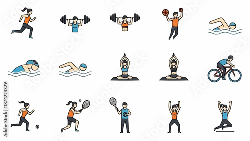 Collection of diverse sports and fitness activities depicted in simple cartoon style.