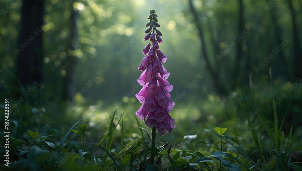 Obraz premium Close-up of foxglove flowers highlighting pollination activity in a woodland environment, suitable for nature-themed layouts