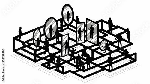 Silhouettes of people exploring a maze of mirrors, reflecting their individuality.