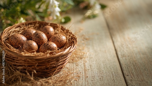 Basket with fresh quail egg...