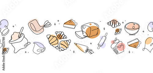 Seamless baking border with line pastry icons including croissants, cakes, tools, and ingredients on white background,for packaging, labels, banners, menus, food branding designs.Vector illustration