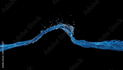 Blue water wave with splash and bubbles on black background, fluid motion for background or layout use