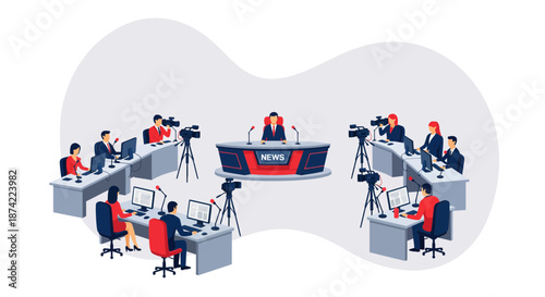 Television News Studio Broadcasting Live Show.