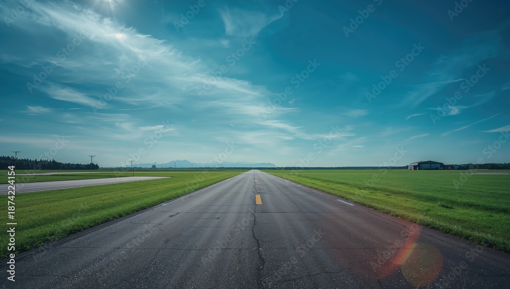 Fototapeta premium Airstrip in a countryside setting with clear blue sky and clouds, highlighting rural aviation facilities