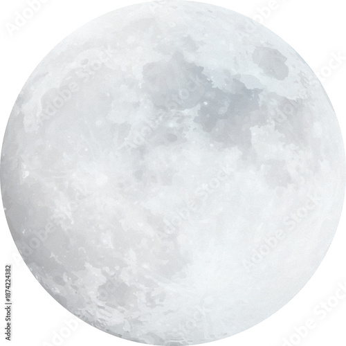 Realistic White Full Moon PNG Watercolor Illustration