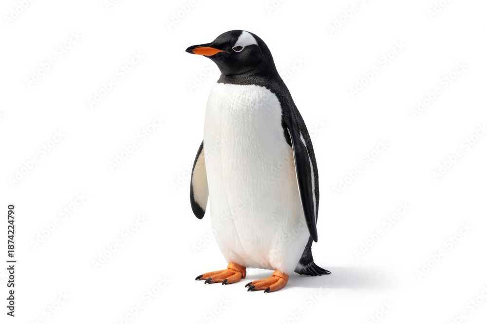 Fototapeta premium Single gentoo penguin posed on pristine white background