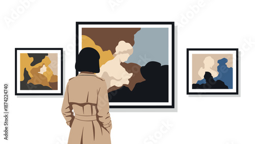Woman observing abstract art in gallery setting with bold colors and geometric frames