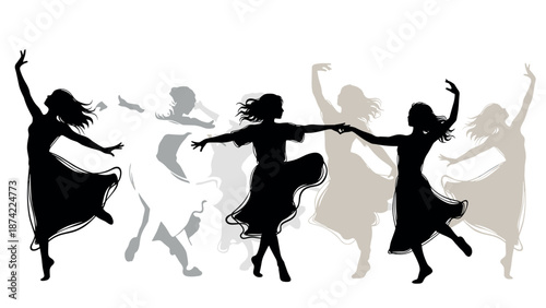 Graceful female dancers in flowing silhouette poses with movement