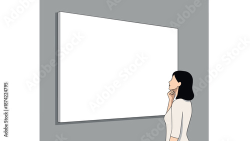 Woman observing blank canvas in minimalist art gallery setting