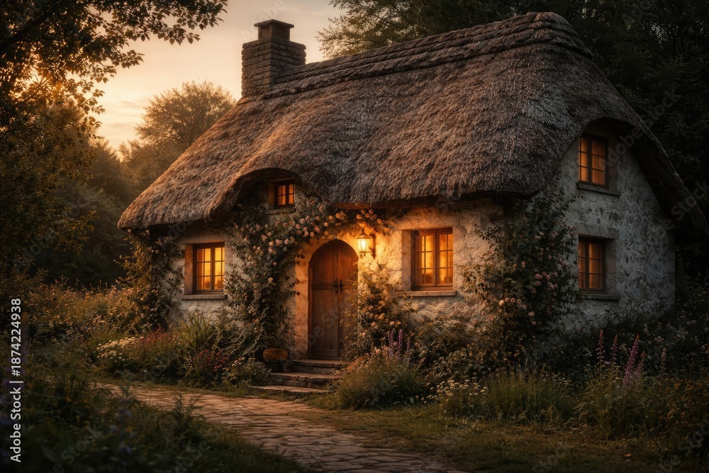 Fototapeta premium Rural cottage featuring handmade thatched roof and textured rustic wall facade