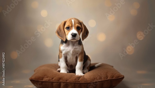 Beagle puppy seated on a br...