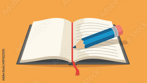 Open book with pencil on orange background in flat design style