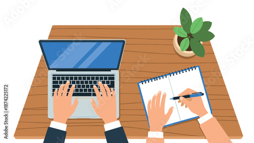 Productive workspace with laptop and notebook on wooden desk with plant