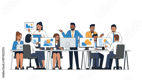 Collaborative office team analyzing data on computers in modern workspace