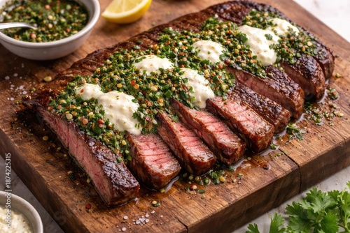 Seared flank steak topped w...