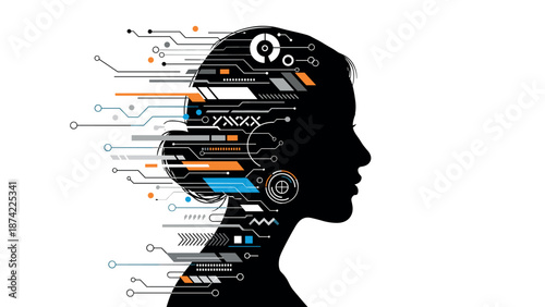 Silhouette of woman with futuristic digital circuit elements