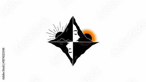 Abstract geometric mountain landscape with sunrise and sunset reflections