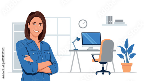Confident professional woman in modern office environment with computer and plant