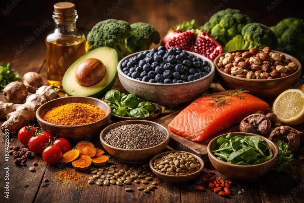 Fototapeta premium Superfoods containing essential vitamins antioxidants and omega 3 fatty acids for brain and immune boost