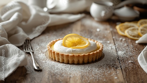 Lemon tart placed on rustic...