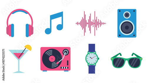 Bright music and leisure icons in a fun flat design style