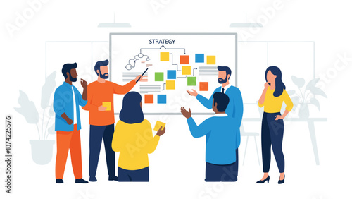 Team collaboration on business strategy with diverse professionals in modern office setting