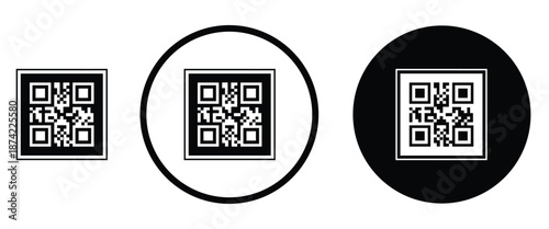 Three minimalist black and white QR code icons arranged horizontally on a transparent background. Left: standard square QR pattern. Center: QR inside thin white circle on black. Right: QR inside thick